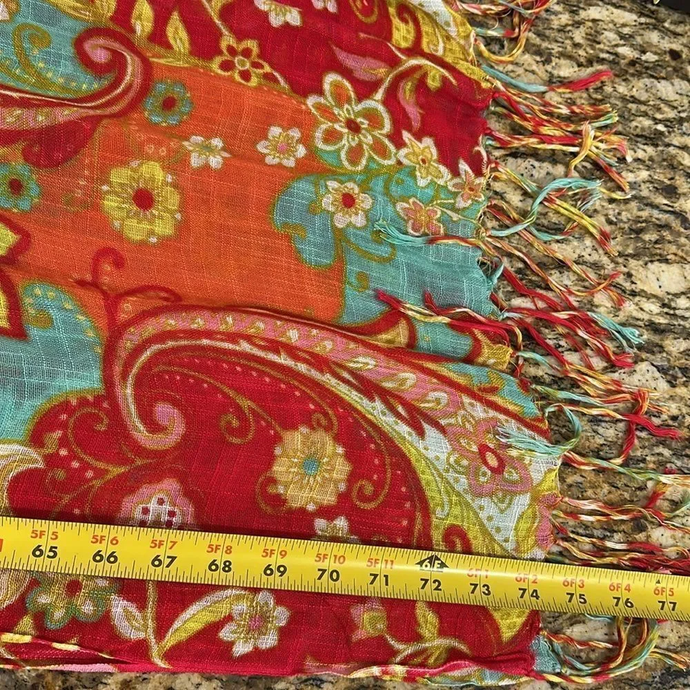 Vibrant Paisley Floral Print Fringe Trim Rectangle Scarf